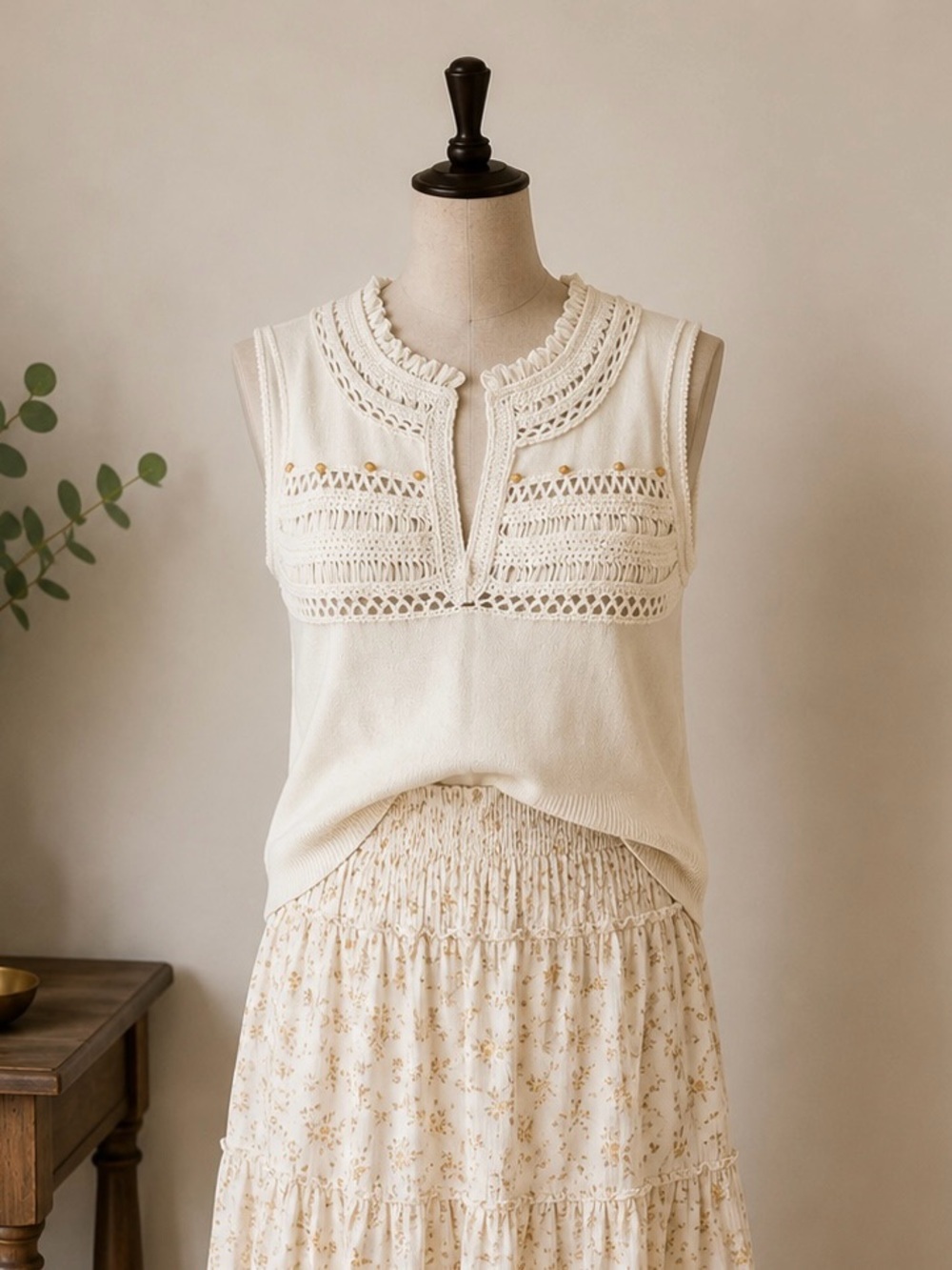 Kersh Y2K Boho Crochet Knit Cream Cotton Blend Cottagecore Sleeveless Top Size M